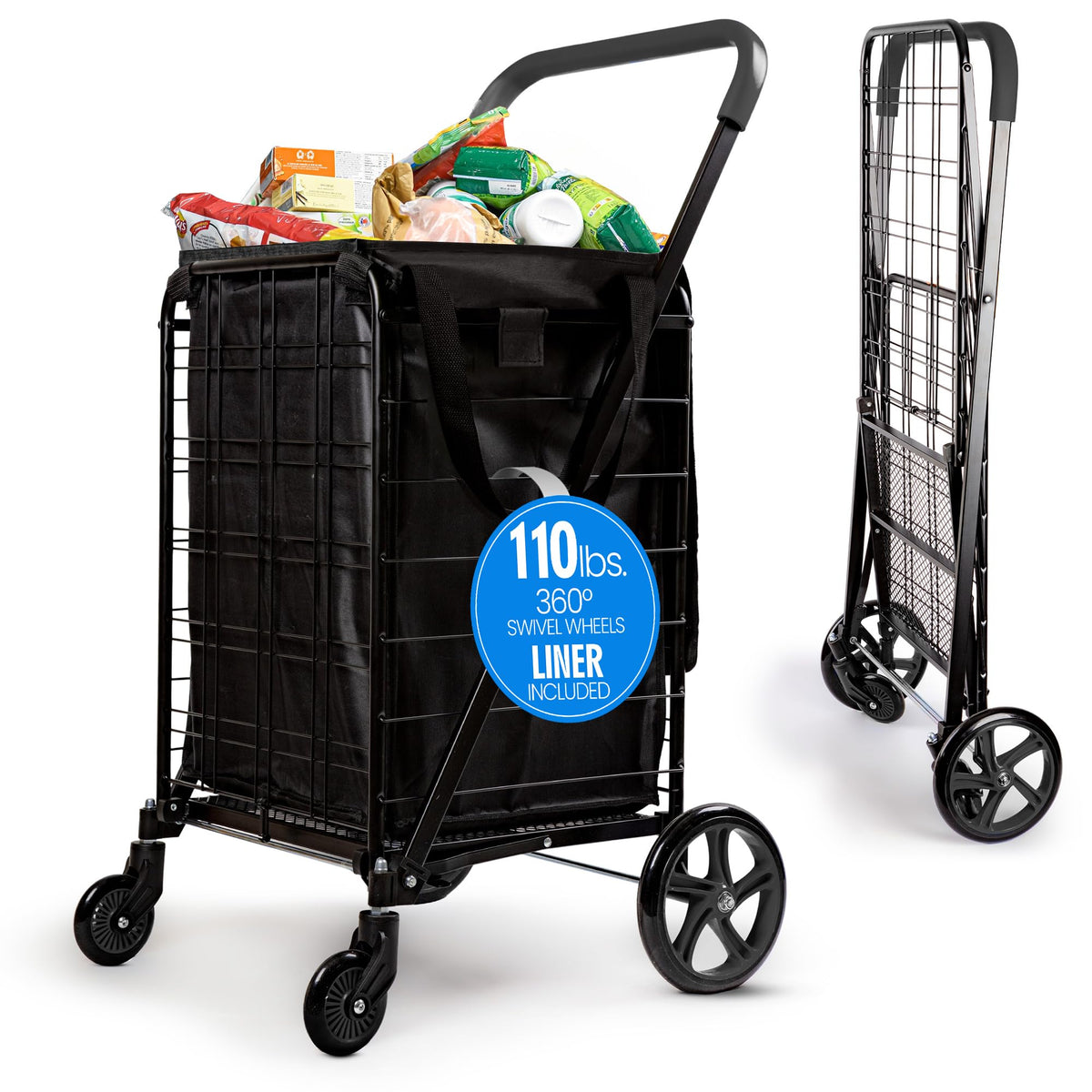Large Folding Utility Shopping Cart with Removable Liner, 110 lb Capacity, Black H228