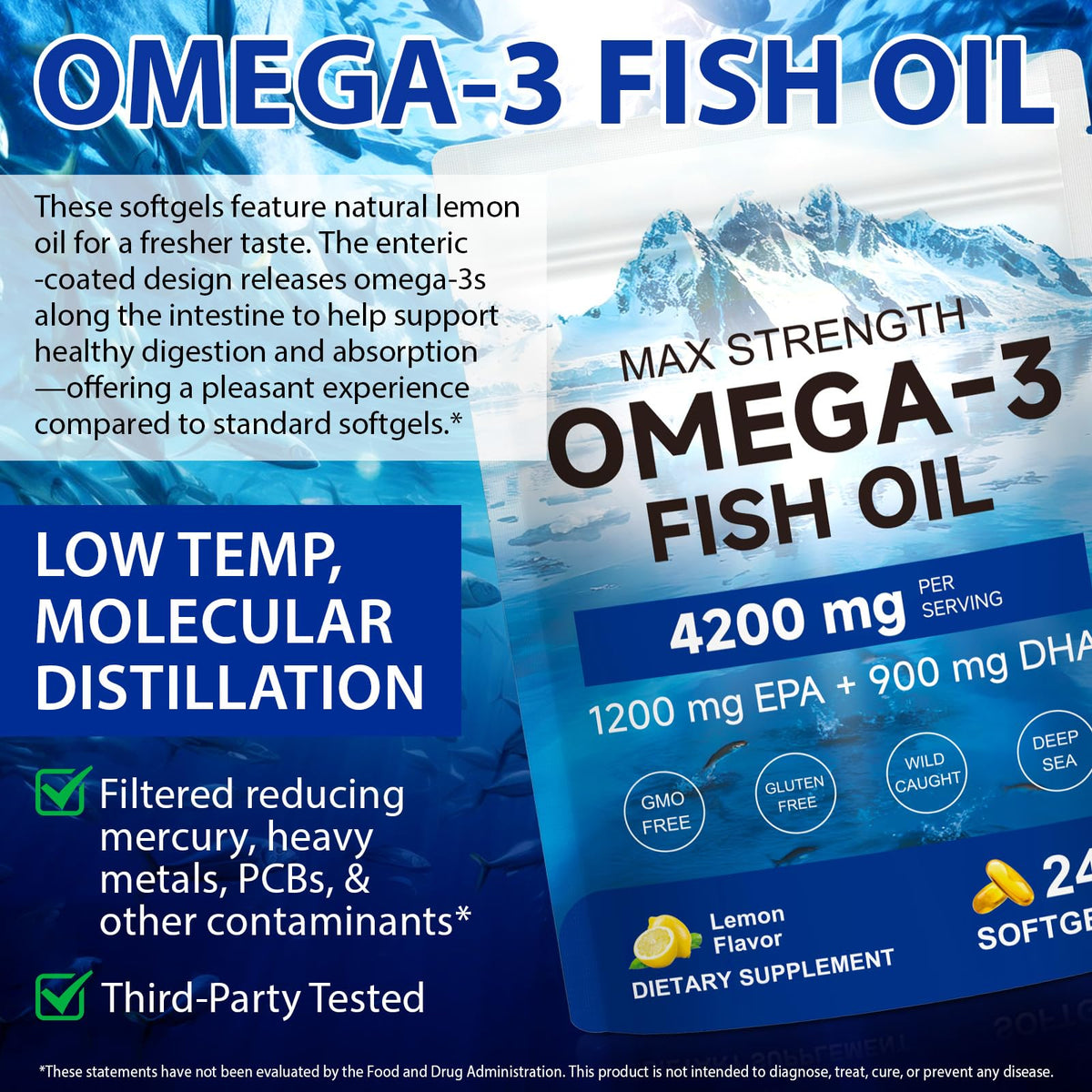 Omega 3 Fish Oil 4200 mg Per Serving 1200 mg EPA 900 mg DHA Lemon Flavor F644