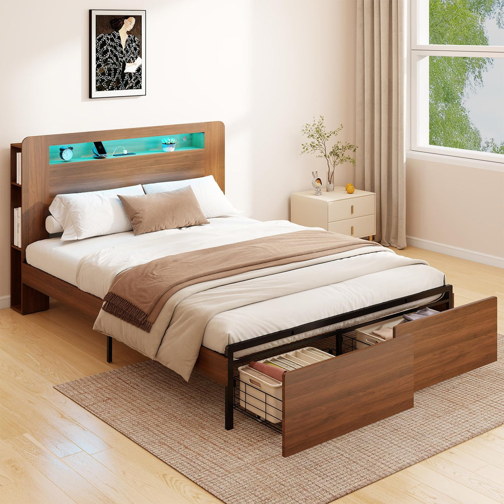 Wood Bed Frame Full with 2 Storage Drawers O596374