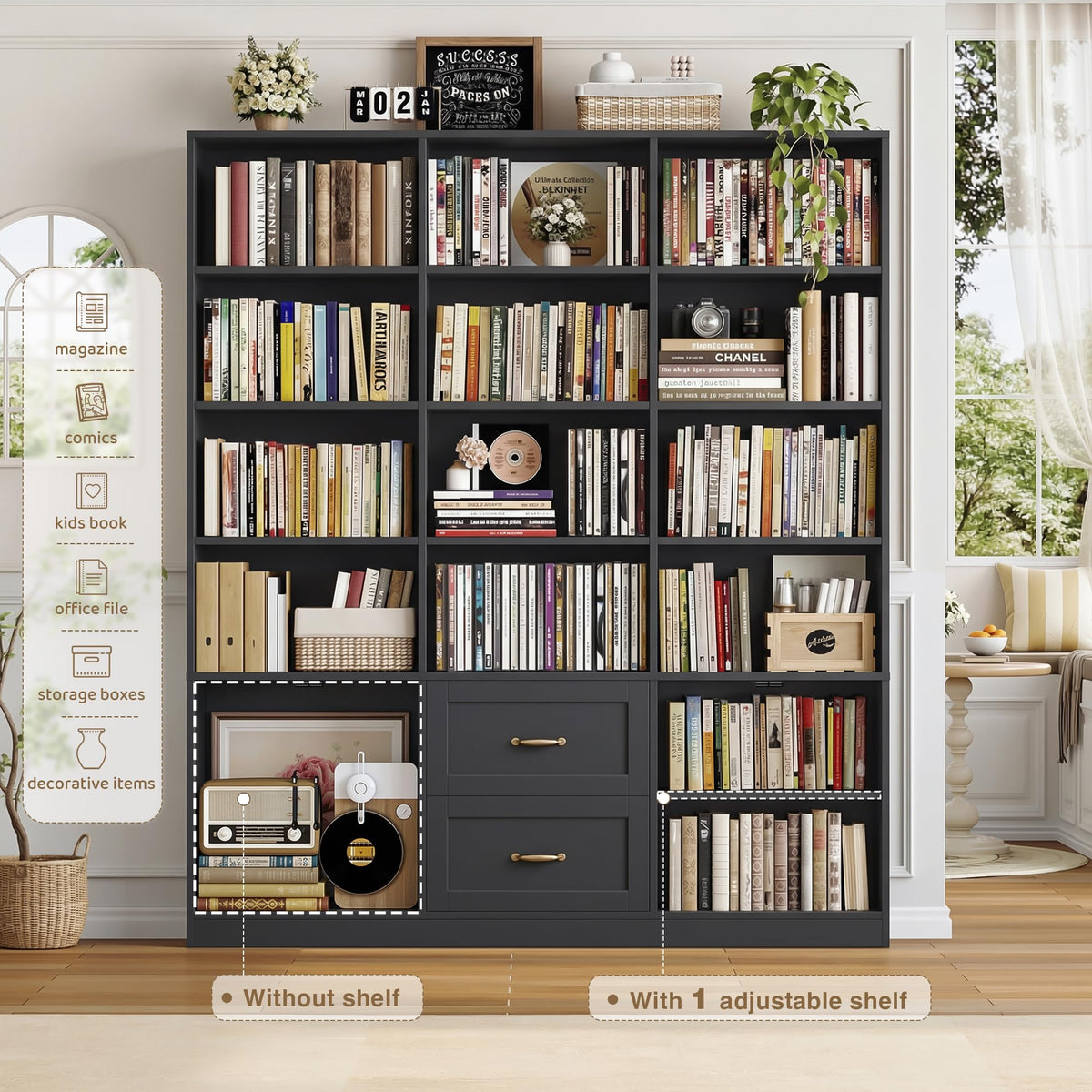 Black Tall Bookshelf with Storage Drawers & Doors E809