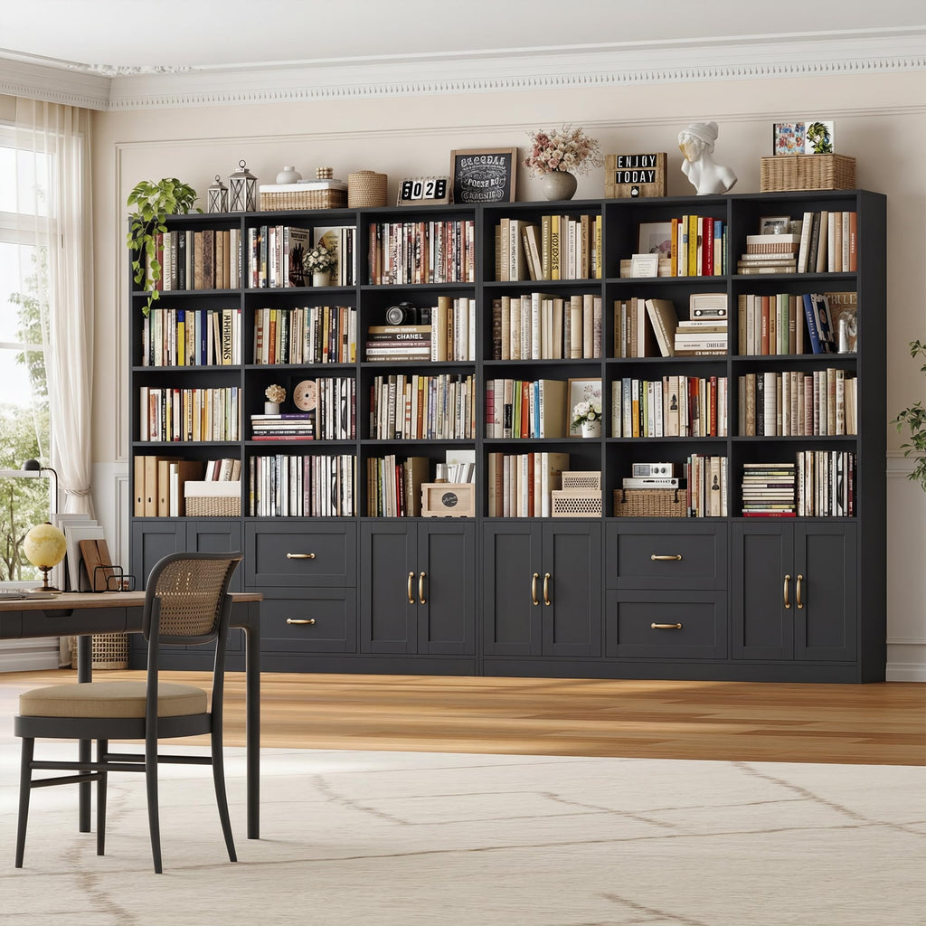 Black Tall Bookshelf with Storage Drawers & Doors E809