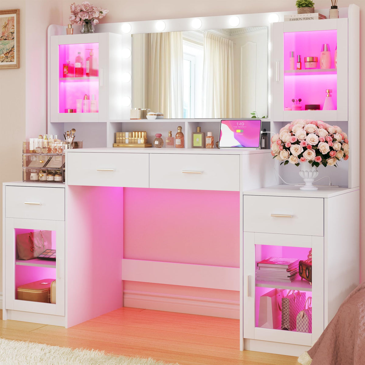 Large White Vanity Desk with Mirror and Lights L27004