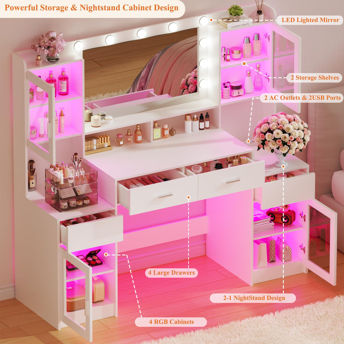 Large White Vanity Desk with Mirror and Lights L27004