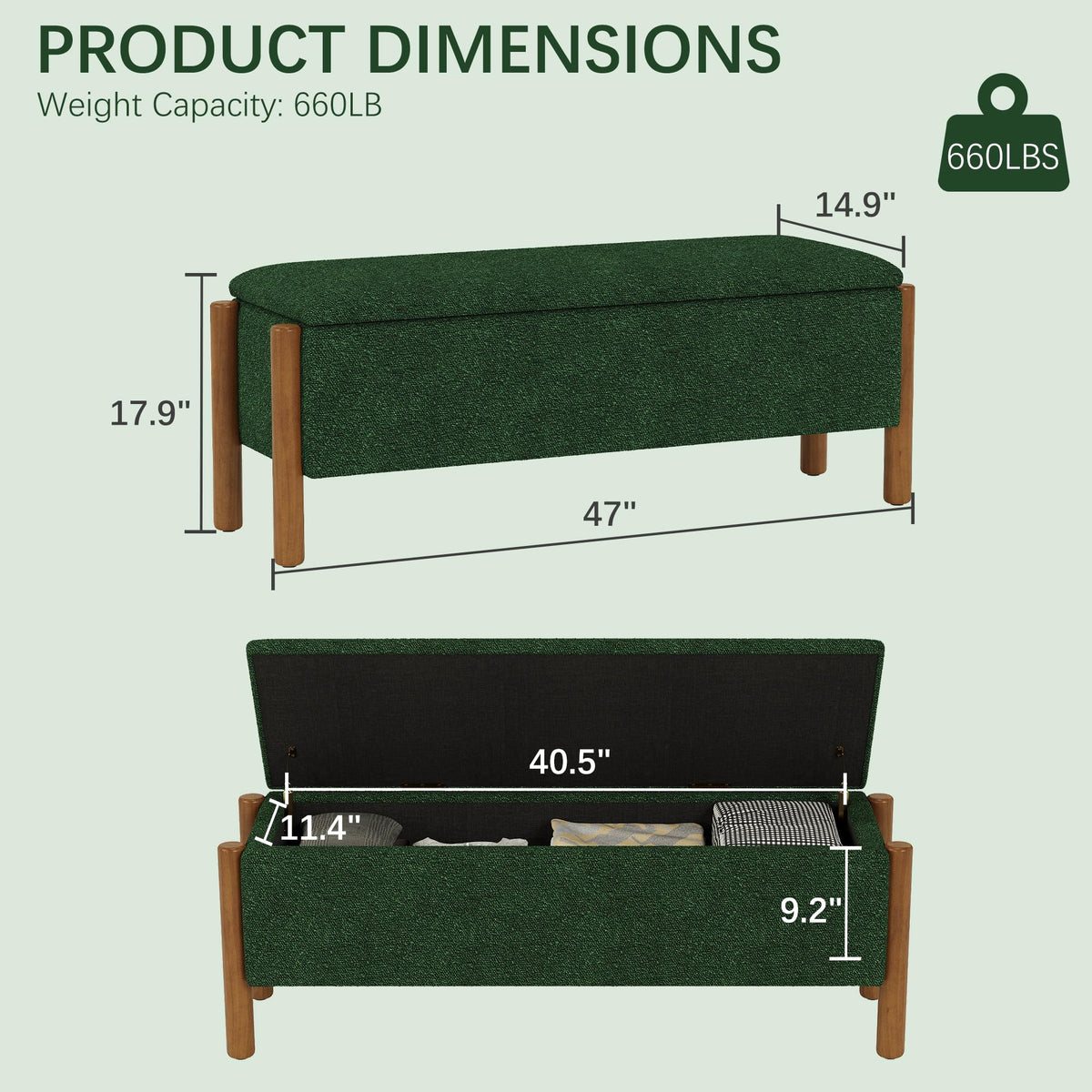 Green Fabric Upholstered Storage Bench P4037