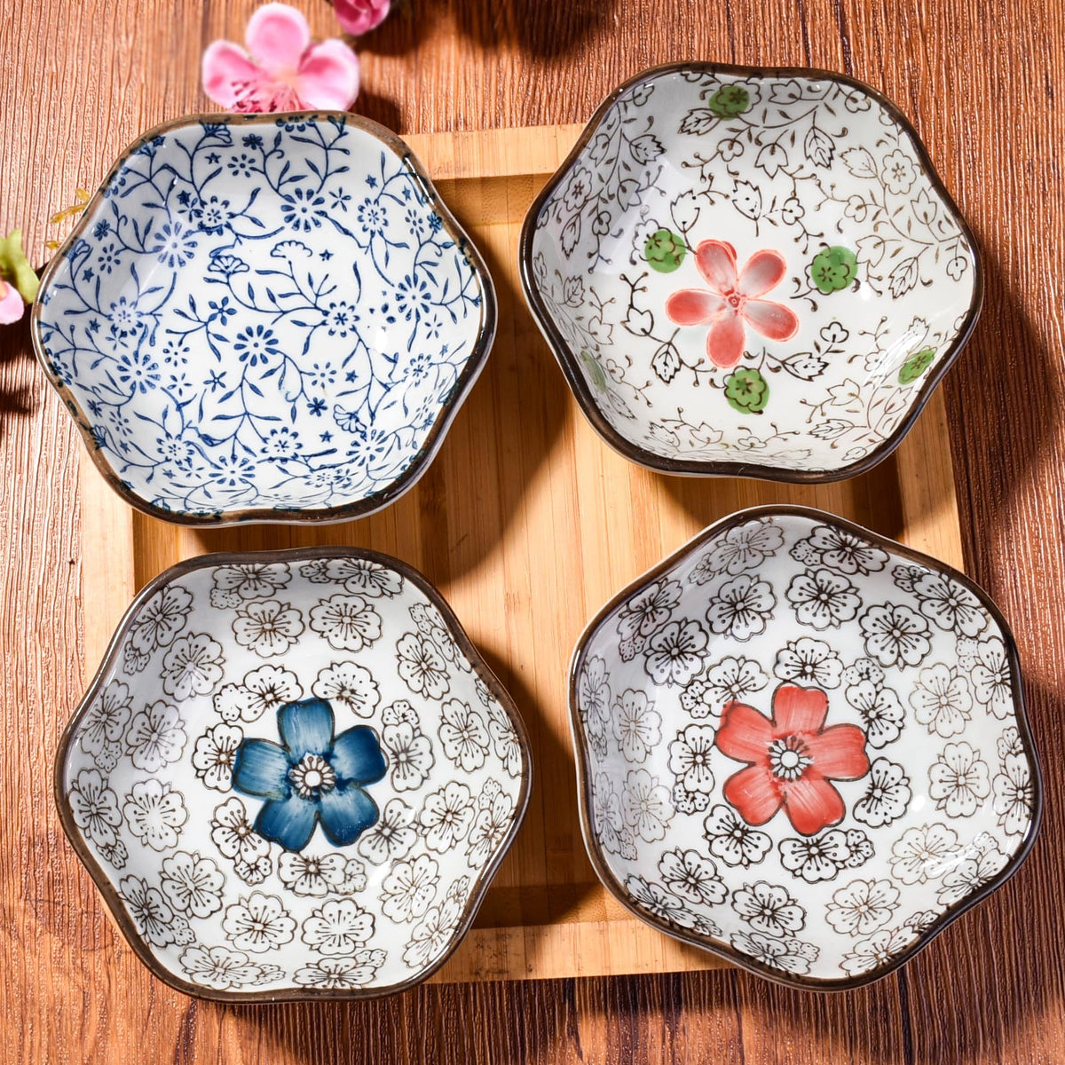 Hand-Painted Floral Ceramic Pinch Bowl Set, 12-Piece Mini Condiment Dishes J403482