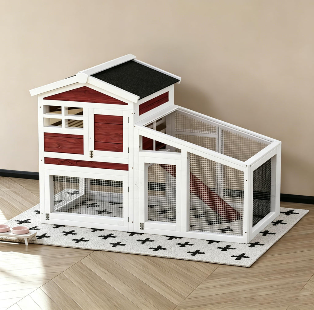 54" 2-Tier Wooden Rabbit Hutch with Run Z2013