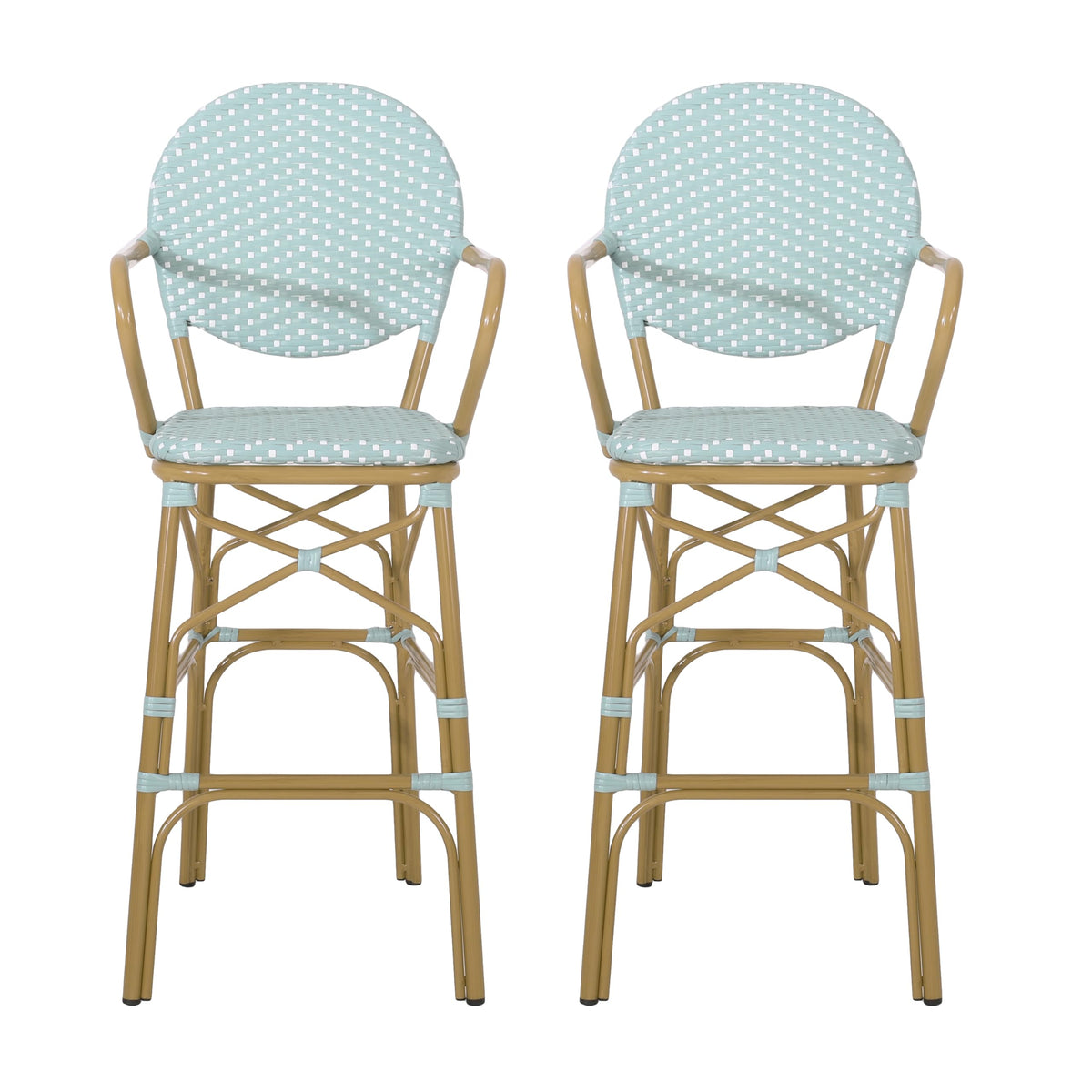 Teal Bamboo Print Wicker Aluminum Bar Stools Set of 2 Y64442