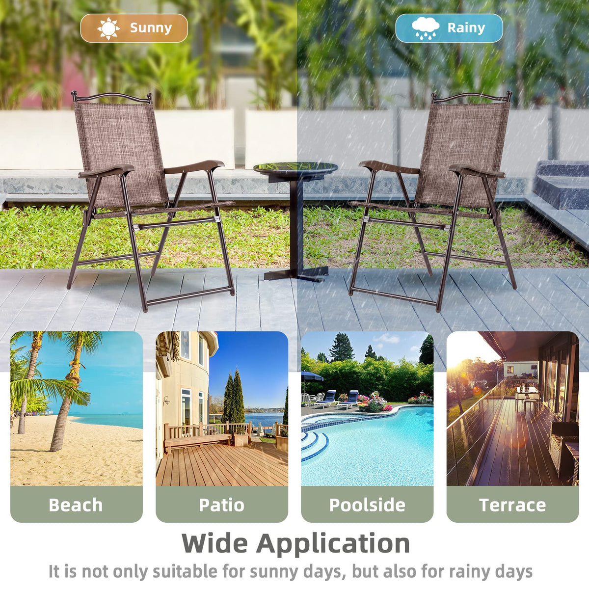 Set of 2 Brown Folding Patio Dining Chairs with Armrests D568
