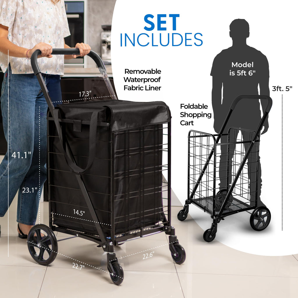 Large Folding Utility Shopping Cart with Removable Liner, 110 lb Capacity, Black H228