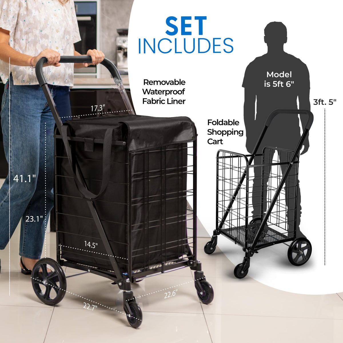 Large Folding Utility Shopping Cart with Removable Liner, 110 lb Capacity, Black H228