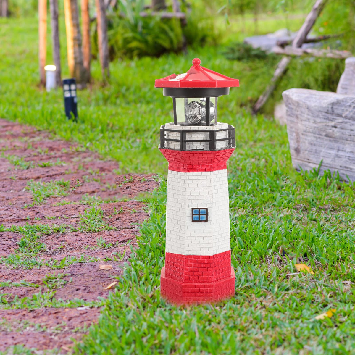 Rotating LED Lighthouse Resin Garden Lamp E658