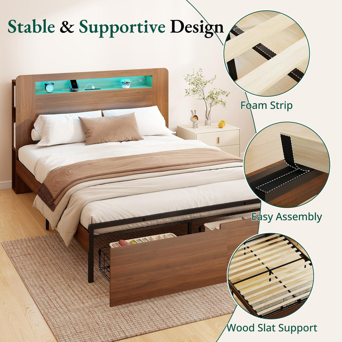 Wood Bed Frame Full with 2 Storage Drawers O596374