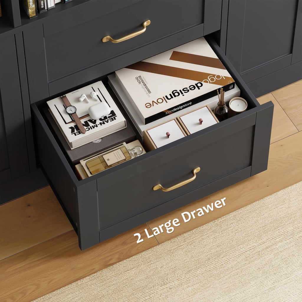 Black Tall Bookshelf with Storage Drawers & Doors E809