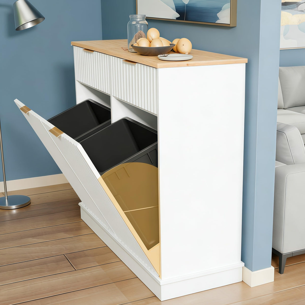 20 Gallon Double Tilt-Out White Trash Can Cabinet with Storage Drawers L53445
