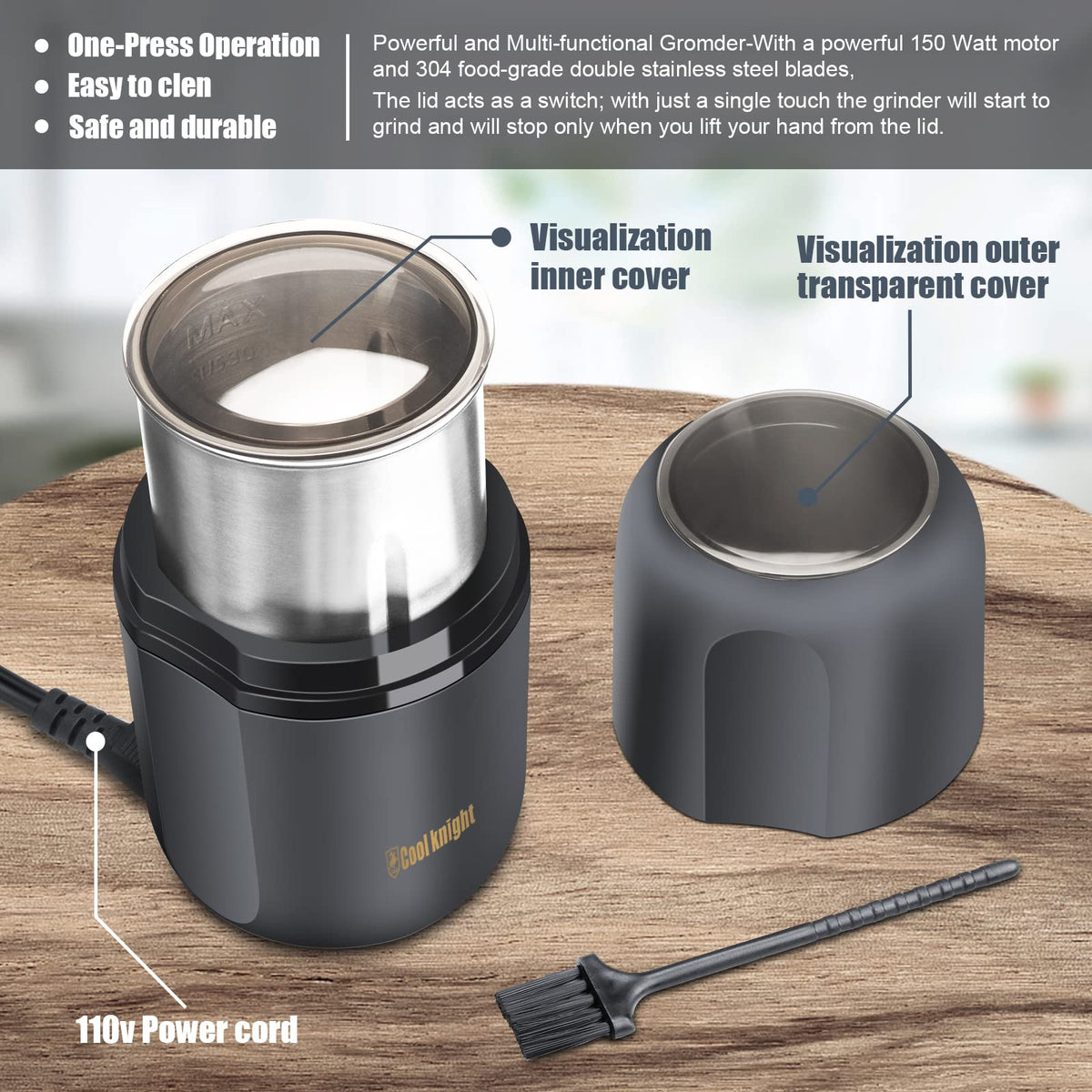 Electric Herb Grinder with Pollen Catcher 7.5" Grey T1115