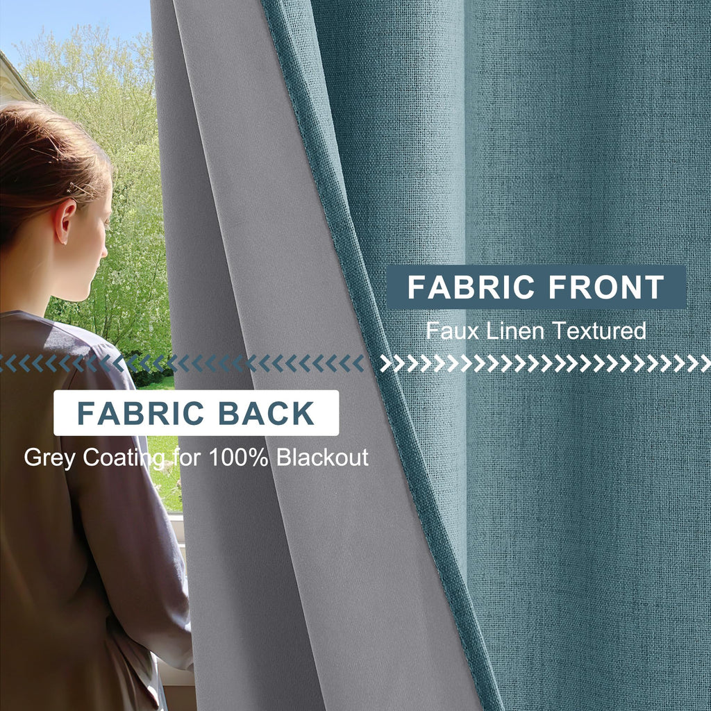 Teal Natural Linen Blackout Curtains 84 inch 2 Panels Set D946503