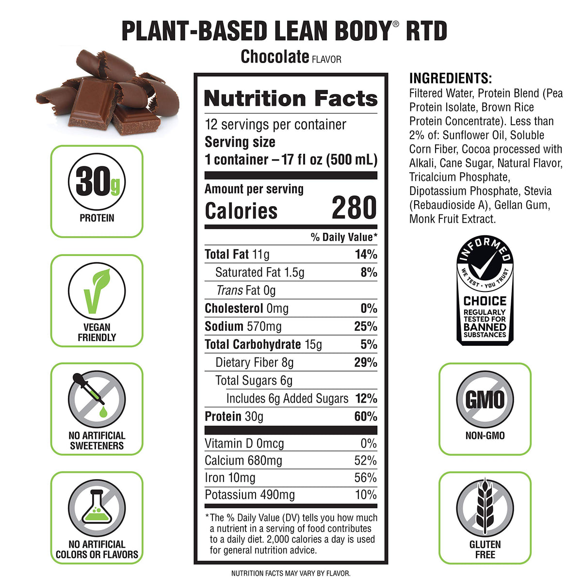 Plant-Based Vegan Chocolate Protein Shake, 30g Protein, Pack of 12 K33012