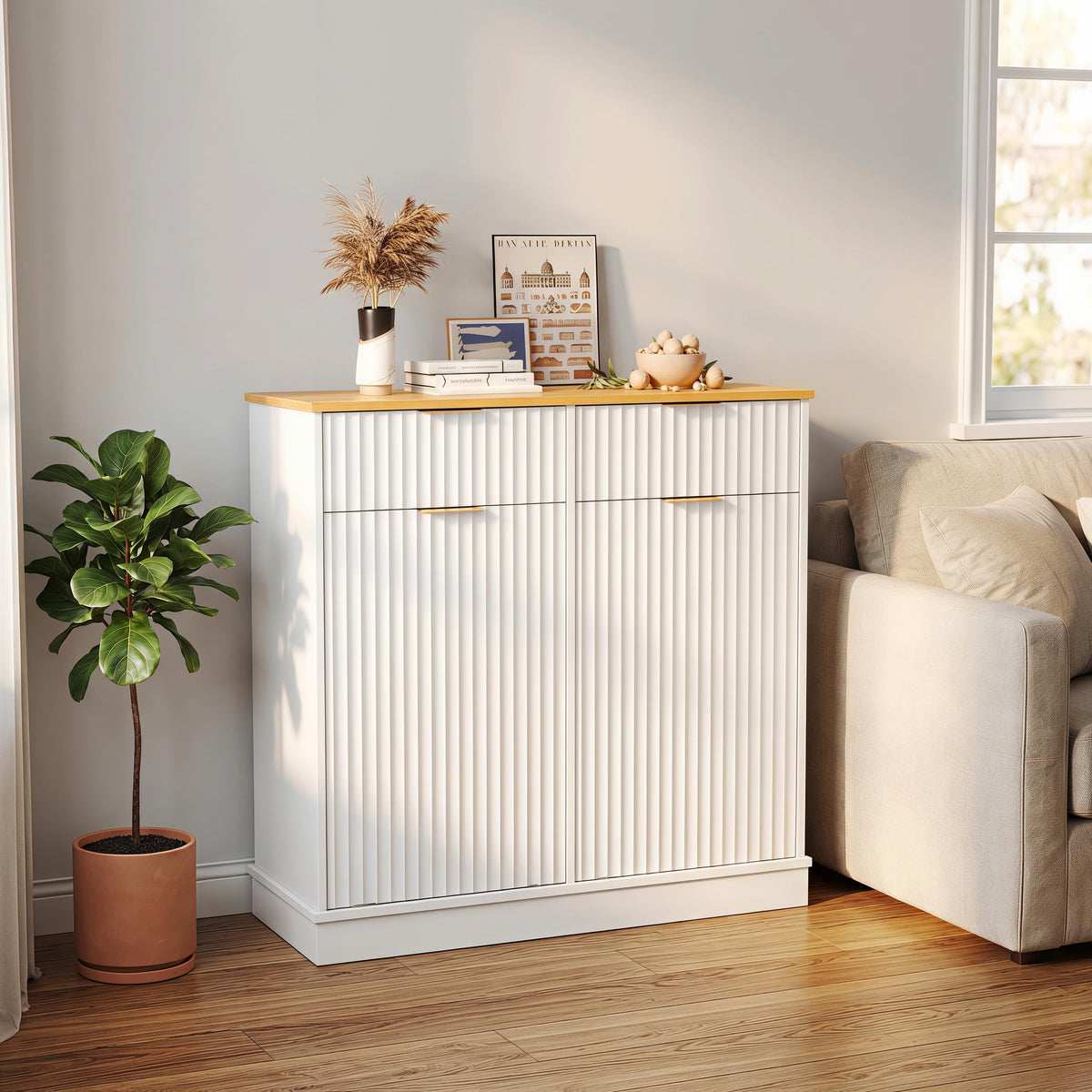 20 Gallon Double Tilt-Out White Trash Can Cabinet with Storage Drawers L53445