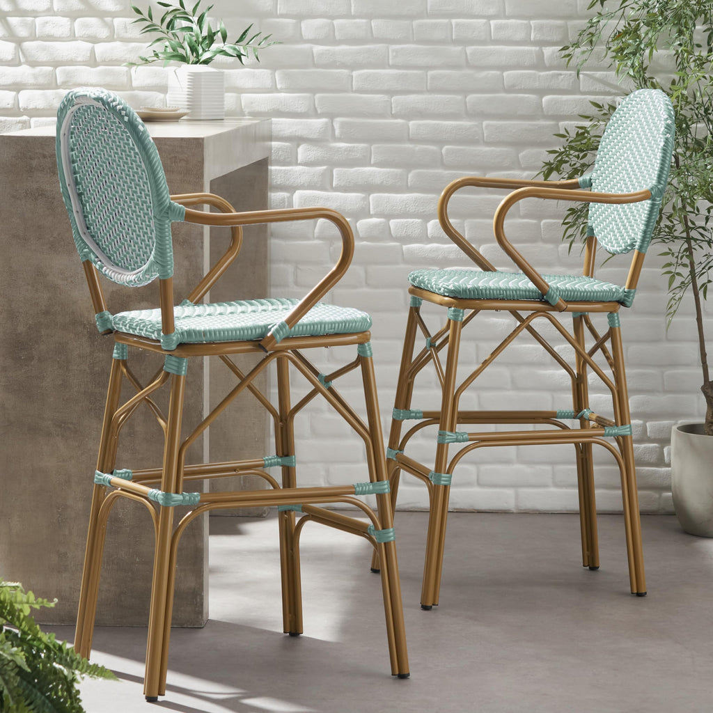 Teal Bamboo Print Wicker Aluminum Bar Stools Set of 2 Y64442