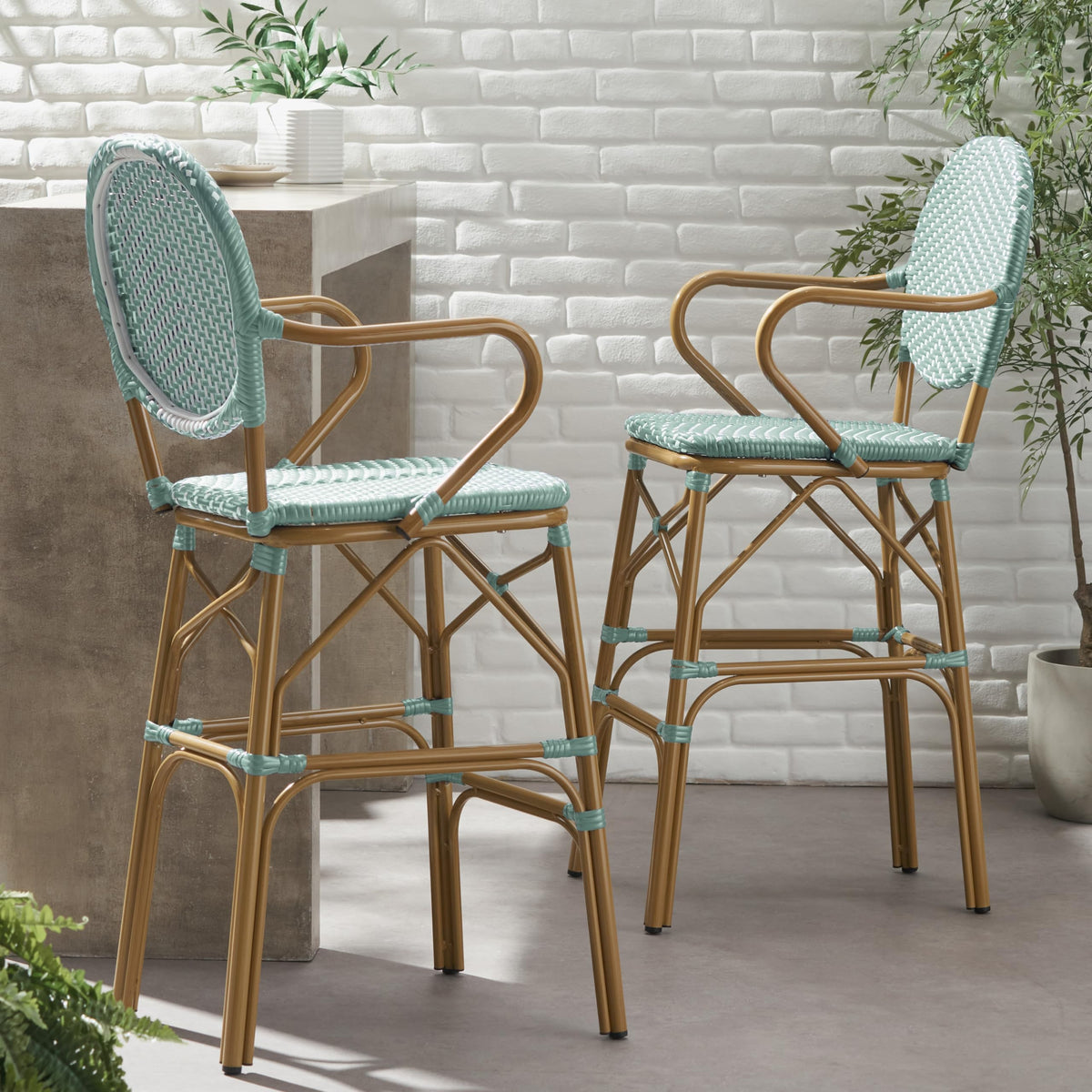Teal Bamboo Print Wicker Aluminum Bar Stools Set of 2 Y64442