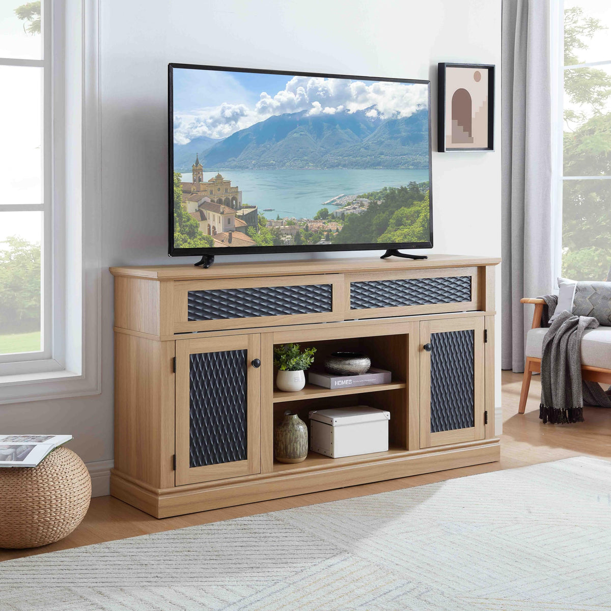 58 Inch Light Oak TV Stand with Sliding Doors F13876