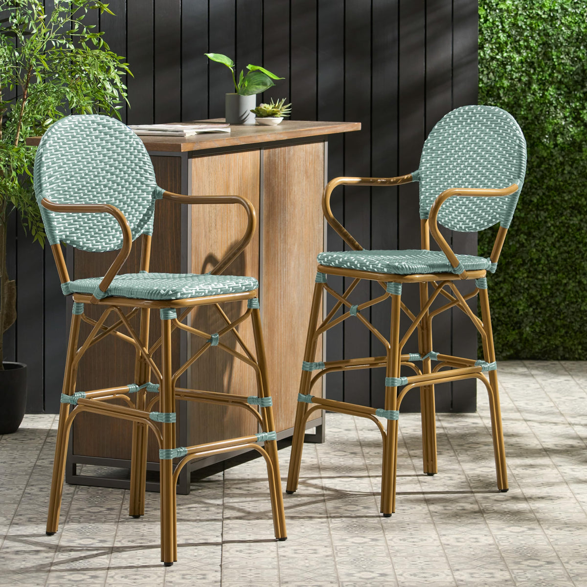 Teal Bamboo Print Wicker Aluminum Bar Stools Set of 2 Y64442