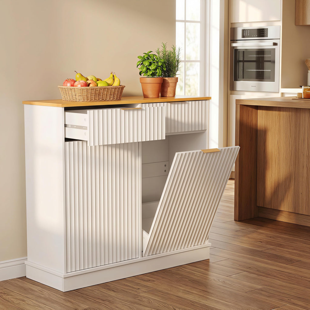 20 Gallon Double Tilt-Out White Trash Can Cabinet with Storage Drawers L53445