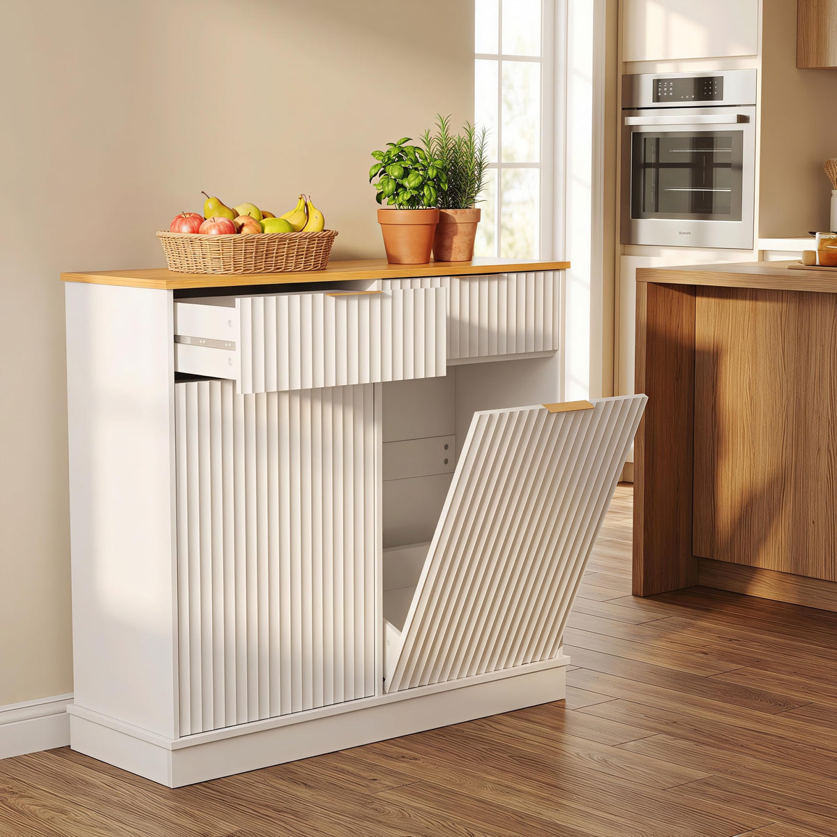 20 Gallon Double Tilt-Out White Trash Can Cabinet with Storage Drawers L53445