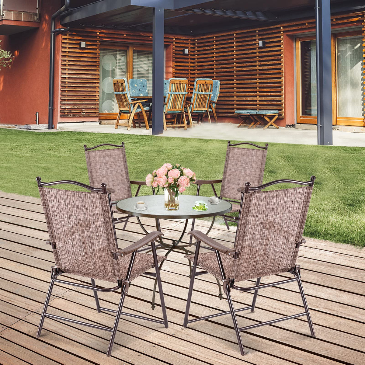 Set of 2 Brown Folding Patio Dining Chairs with Armrests D568
