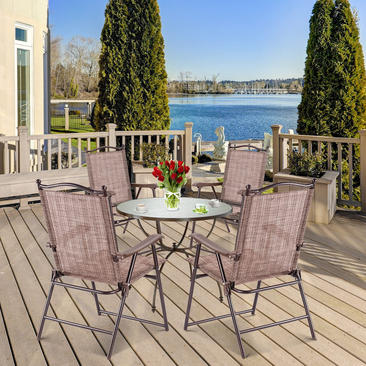Set of 2 Brown Folding Patio Dining Chairs with Armrests D568