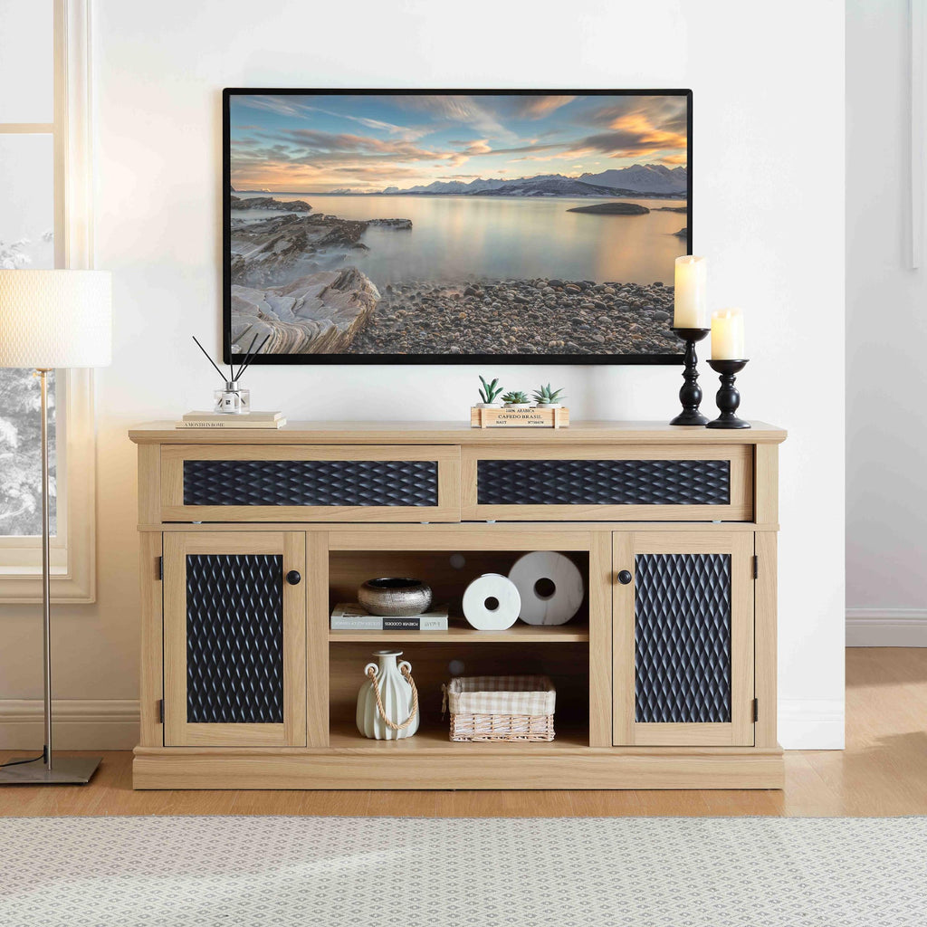 58 Inch Light Oak TV Stand with Sliding Doors F13876