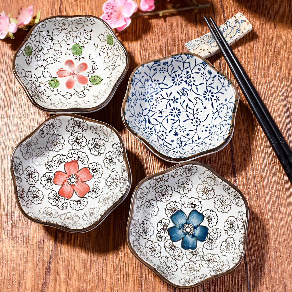 Hand-Painted Floral Ceramic Pinch Bowl Set, 12-Piece Mini Condiment Dishes J403482